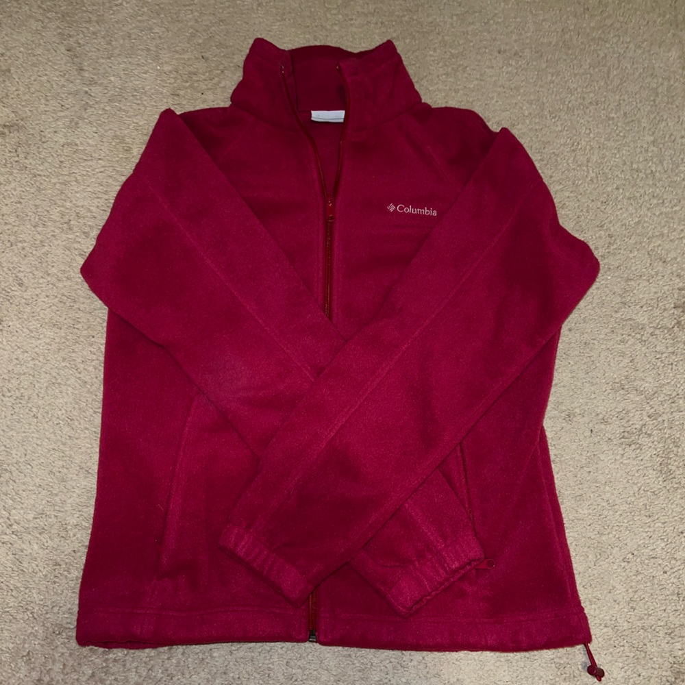 Women Columbia Fleece Jacket - Elastic Waist, Zipper Pocket - Size Medium - Red